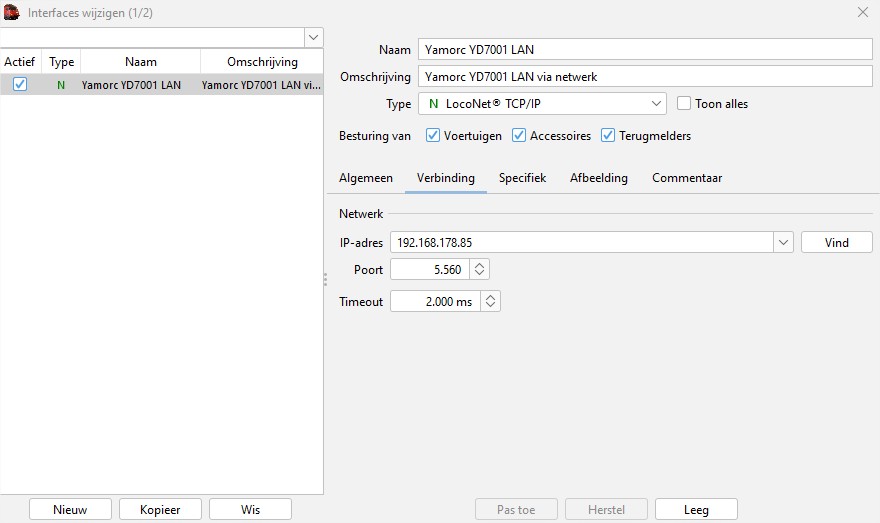 Instelling Interfaces in iTrain